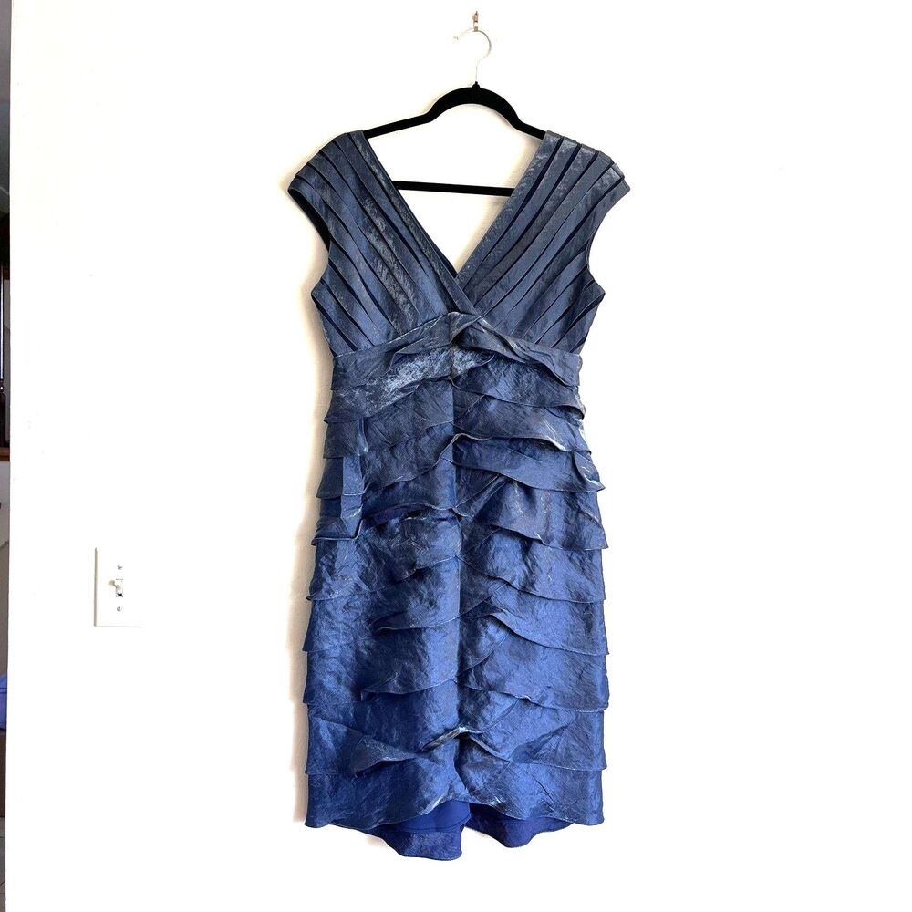 Adrianna Papell Size 6 Navy Blue Tiered Ruffle Cocktail Sheath Dress
